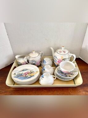 Hayasi Kutani Lithophane 16 Piece Tea Set-Mt. Fuji Water Front Scene-1950’s-VTG